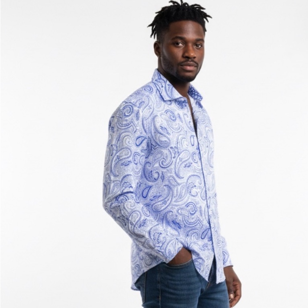 JEREMY MEN'S LINEN SHIRT ULTRAMARINE PAISLEY BLUE WHITE NEW retail $139
